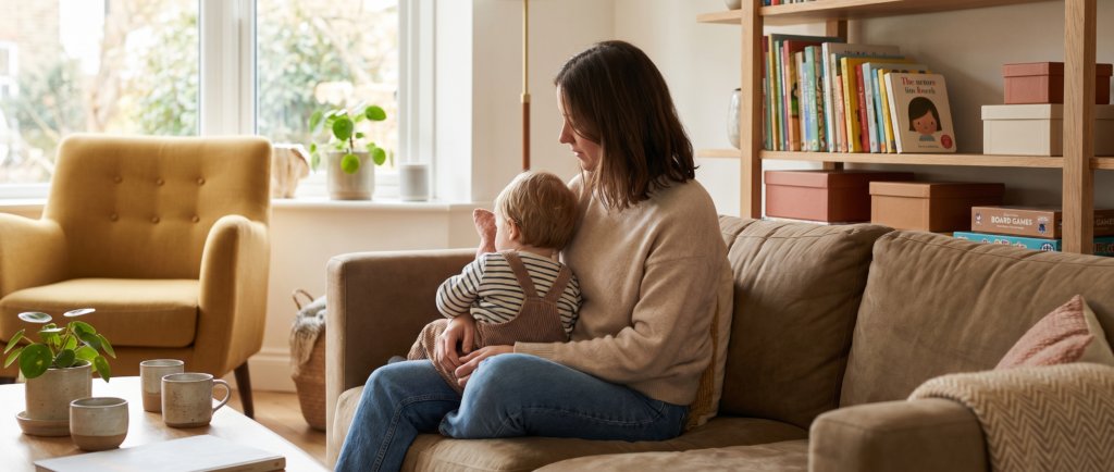 Eine Frau sitzt mit einem kleinen Kind auf dem Sofa in einem hellen, gemütlichen Wohnzimmer und hält es liebevoll im Arm.