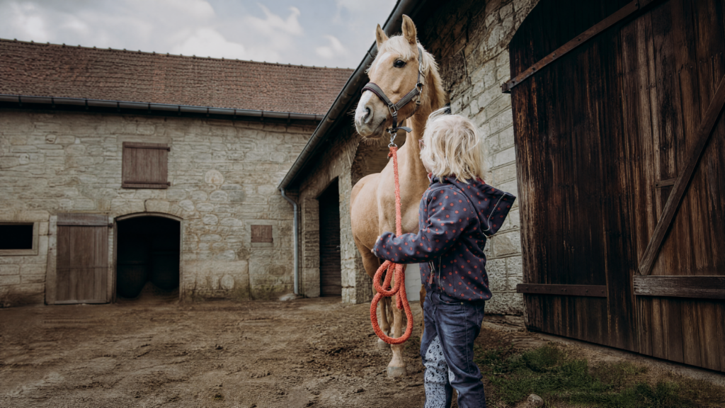 Kleines Kind führt ein helles Pony ruhig vom Stallhof — Co-Regulation in der Praxis auf dem Familienhof Hörnchen.