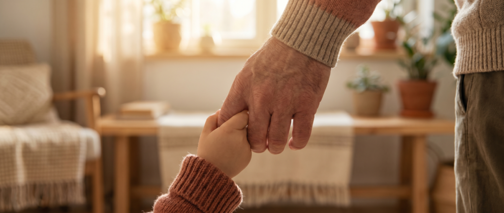 An adult is holding a child by the hand.