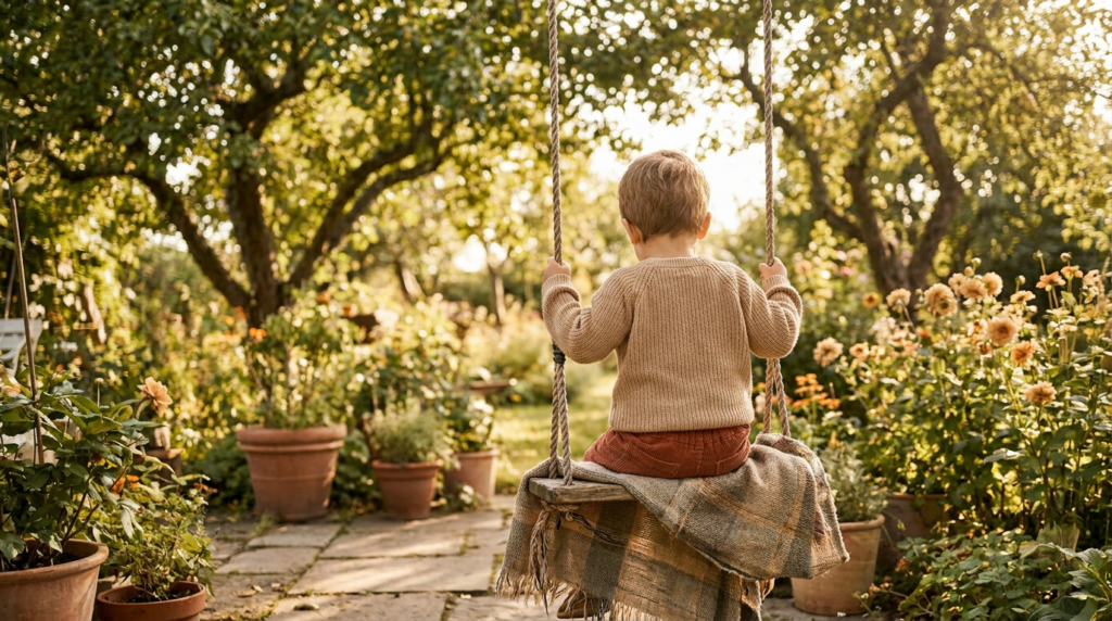 Kind auf Schaukel im sonnigen Garten – Symbol für Geborgenheit und Heilung