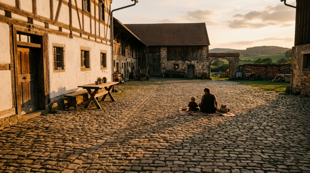 Weiter Hofplatz im Abendlicht, im Hintergrund sitzen ein Erwachsener und ein Kind gemeinsam am Boden – Ruhe und Präsenz helfen, ein traumatisiertes Kind zu beruhigen
