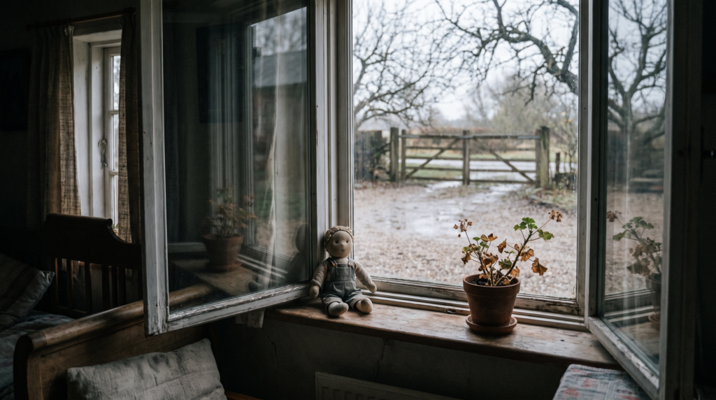 Blick aus einem Fenster auf einen leeren Hof im Herbstlicht – das Warten vor und nach Besuchskontakten mit der Herkunftsfamilie